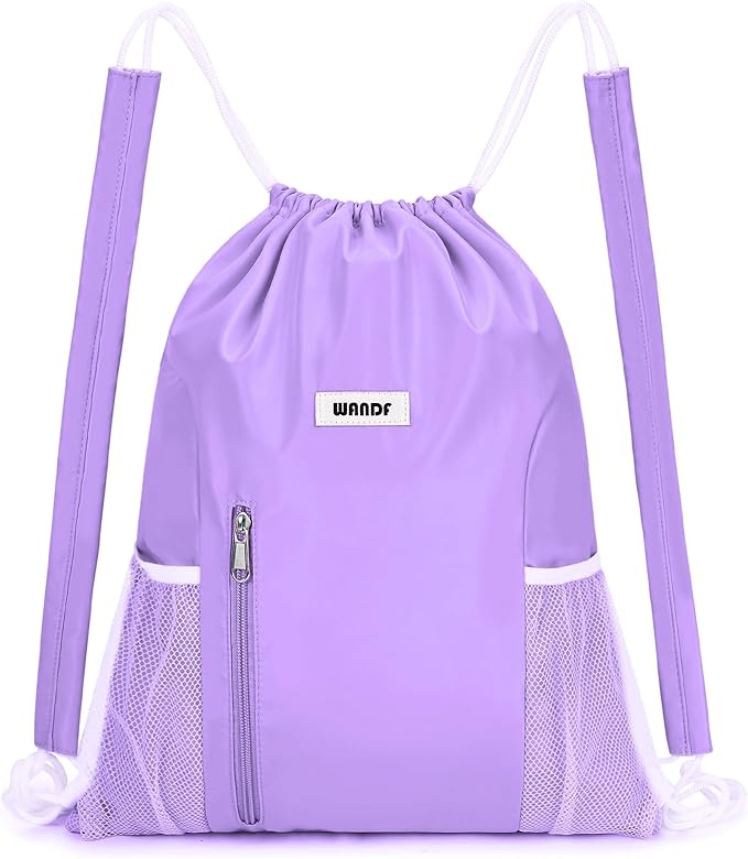 WANDF Drawstring Backpack with Shoulder Pad Sports Gym Backpack with Mesh Pocket String Bag for Women Men (Purple)
