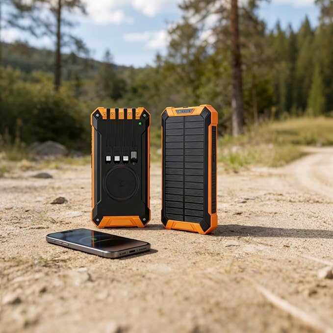 20000Mah Solar Charger Power Bank for Outdoor Use, Wireless Charging, Dual USB Outputs, with Led Lights, Orange and Black, Portable Sizing 6.8 X 3.5 X 1.1 in