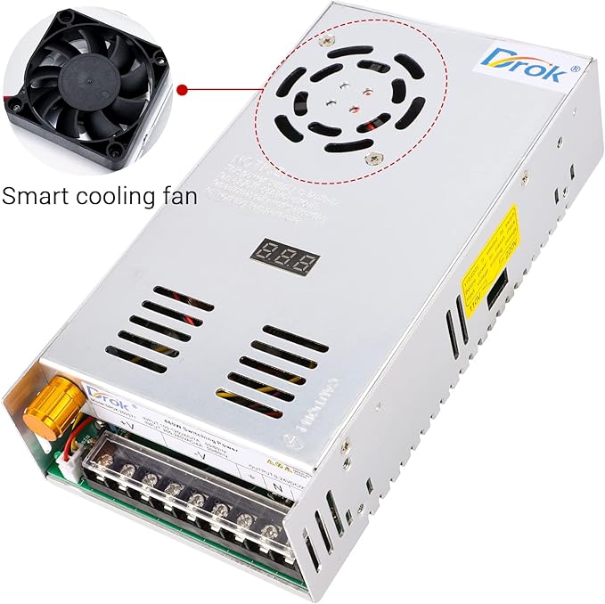 DROK 24V Power Supply, AC 110V/220V to DC 0-24V 20A 480W Buck Converter, Variable Adjustable Adapter Regulated 5V 12V 24V Volt Switching Voltage LED Transformer 20A Amp Charger for Computer Lab