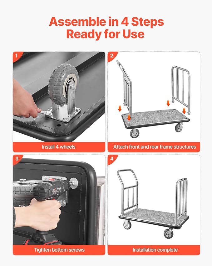Hotel Luggage Cart 750 LBS Platform Truck with Removable Front Frame Heavy-Duty Capacity: This Durable Bellman cart Measures 42.5 × 25 × 38.6 inches (108 × 64 × 98 cm) and Holds up to 750 lbs Its sp