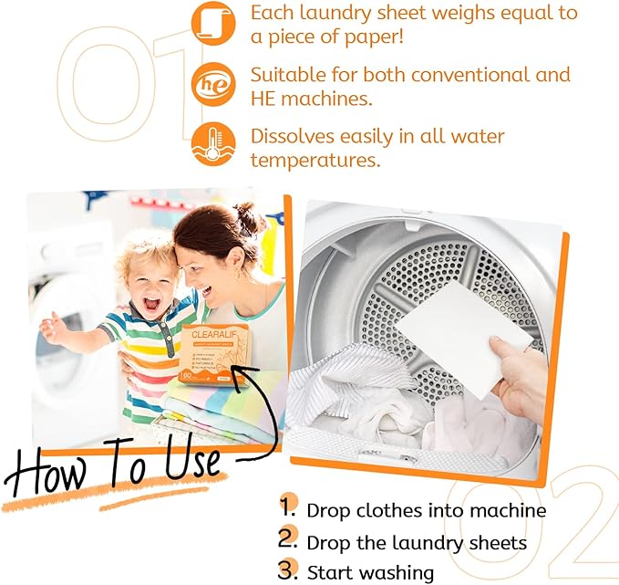 CLEARALIF Laundry Detergent Sheets (320 Loads), Orange,Great For Travel,Apartments, Dorms,CLEARALIF Laundry Detergent Strips Eco Friendly & Hypoallergenic (80 Count, Pack of 2)