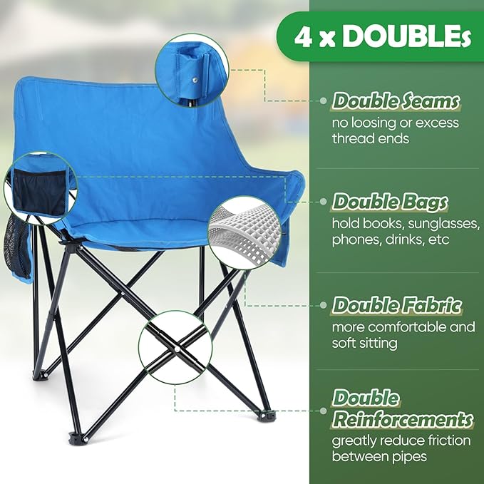 HaSteeL Camping Chair for Adults, Compact Folding Portable Chairs Set with Side Pockets for Outdoors Fishing, Hiking, Backpacking, Picnic, Beach, Travel, Supports to 250lbs, & Storage Bags (Blue)