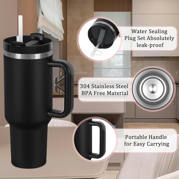 4 Pack 40 Oz Tumbler with Handle Bulk, Double Wall Vacuum Insulated Stainless Steel Tumbler with Lid and Straw, 40 oz cup with Silicone Spill Proof Stopper Set (Black)