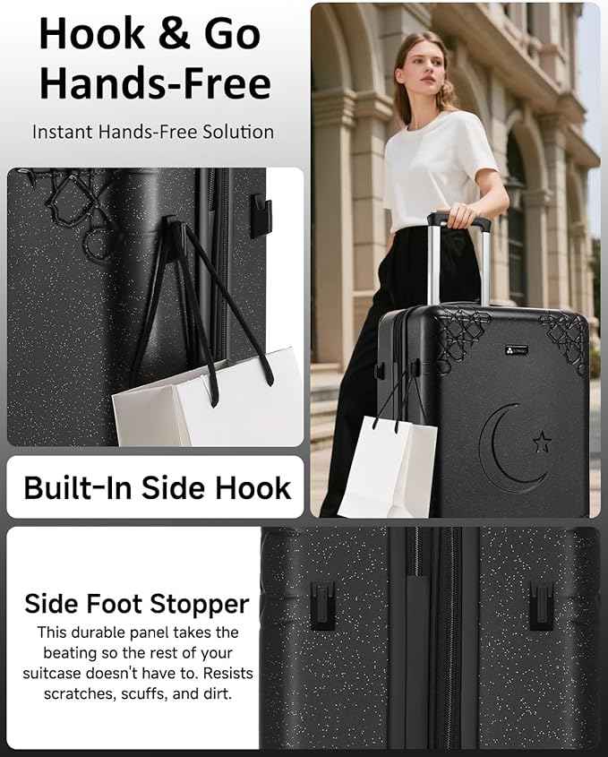 Somago Expandable Carry On luggage with Shock-Absorbing Braking Spinner Wheels Moon Star Design Hard Shell Suitcase with Cupholder TSA Lock (Black,Expandable 20 Inch)