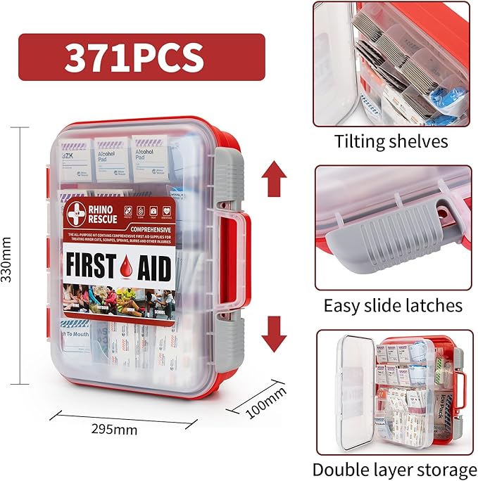 RHINO RESCUE 371 Pieces OSHA All-Purpose First Aid Kit, 100-Person Home & Office Professional Medical Supplies, Ideal for Emergency, School, Business