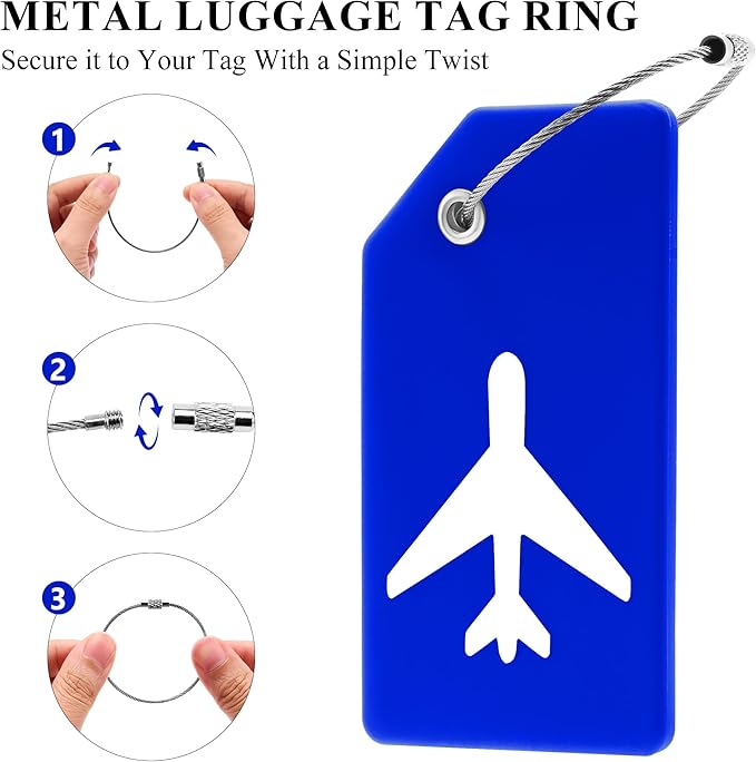 10 Pack Silicone Luggage Tag for Suitcases with Stainless Loop, TSA Approved, Privacy Protection Travel Essentials Bag Tags by Gostwo, Blue