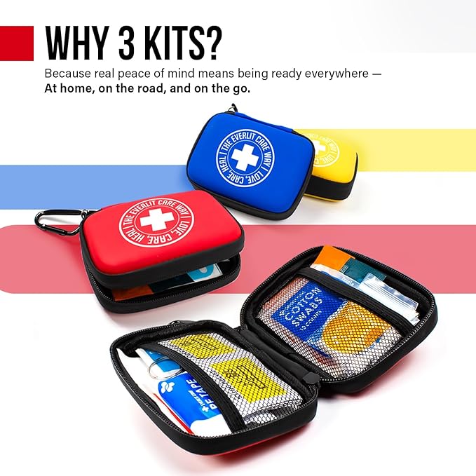 EVERLIT CARE Mini-Aid First Aid Kit | Compact & Lightweight Case with Carabiners for Travel | Family & Kid Friendly 180 Pcs Wound Care Supplies for School, Work, Outdoor, Home & Office | Pack of 3