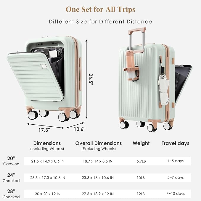 Merax 3 Piece Luggage Set Spinner Hardshell Lightweight TSA Lock and USB Port, Cup Holder, 20inch or 24inch with Front Opening Design, Light Green
