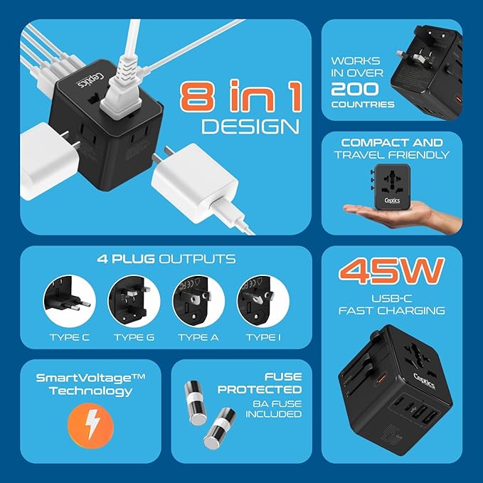 Ceptics 8 in 1 Universal Travel Adapter for EU, UK, US, AU and More, World Travel Adapter, 2X US Socket, Universal Socket, 3X USB-C and 2X USB-A, 45W Fast Charge – UP-45KU-BL