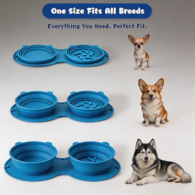 Foldable Dog Travel Bowl with Carabiner Clip, Portable Pet Water Bowl for Hiking Camping Walking, Collapsible Silicone Outdoor Dog Bowl, Space Saving Food & Water Dish for Puppy (Blue)