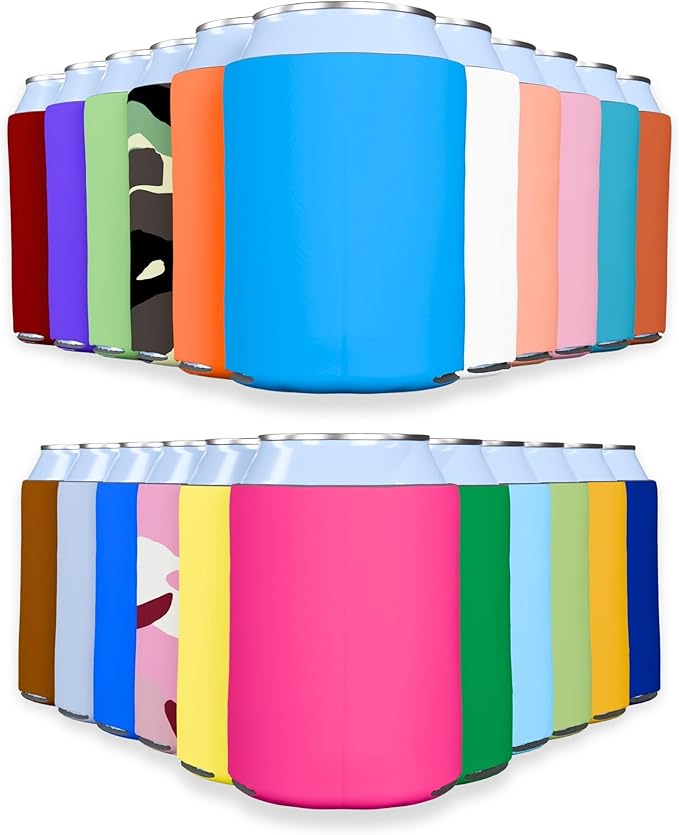 PartyPrints 25 Pack Multicolor Assorted Blank Can Cooler Sleeves, Customizable Bulk Insulated Foam, Collapsible Plain Drink Holder, Cold Beer Insulator | 12oz Regular, 16oz Tall Cans