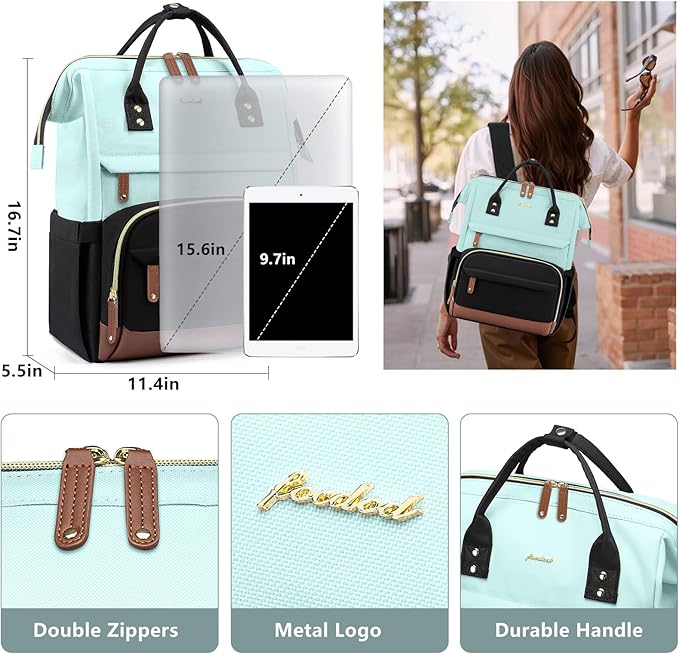 Laptop Backpack for Womem Work Bags: 15.6 Inch Travel BackPacks With USB Charging Port Durable Back Pack Anti Theft Fashion College BookBag Purse Bussiness Daypack for Nurse Teacher Light Blue Black