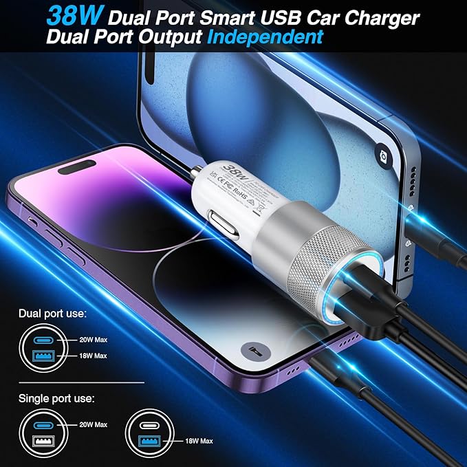 Car Charger, 5 Pack 38W Dual Ports USB-C & USB-A Cigarette Lighter Adapter Fast Charging Car Phone Charger for iPhone 16e 16 15 14 13, Samsung S25 S24, Pixel Cargador para Carro Phone Plug for Car