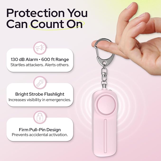Weten Personal Safety Alarm Keychain - 130dB Siren, LED Light, Panic Pin – Compact Self-Defense Device and Emergency Whistle Alternative for Women, College, Travel, and Night Walk Protection (Pink)