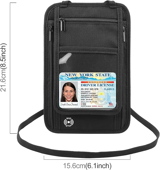 Travel Neck Wallet with RFID Blocking Passport Holder, RFID Blocking Stash Neck Wallet, Neck Storage Bag for Keeping Credit Cards & Travel Documents Safe & Small Change (Black)