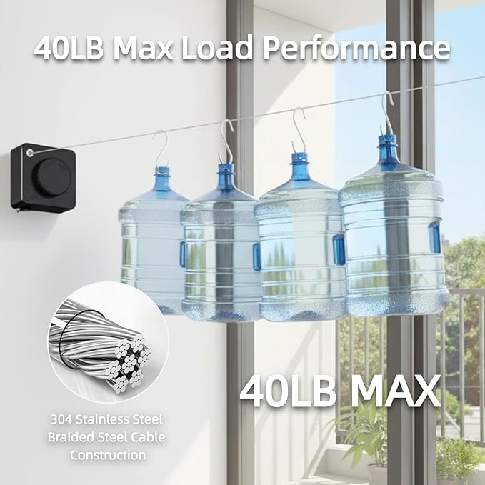 15.7Ft Retractable Clothesline Indoor & Outdoor, Heavy Duty Anti-Sag Wall Mounted Stainless Steel Laundry Drying Line for Balcony, Laundry Room, Bathroom, Motorhome, Dormitory, Travel