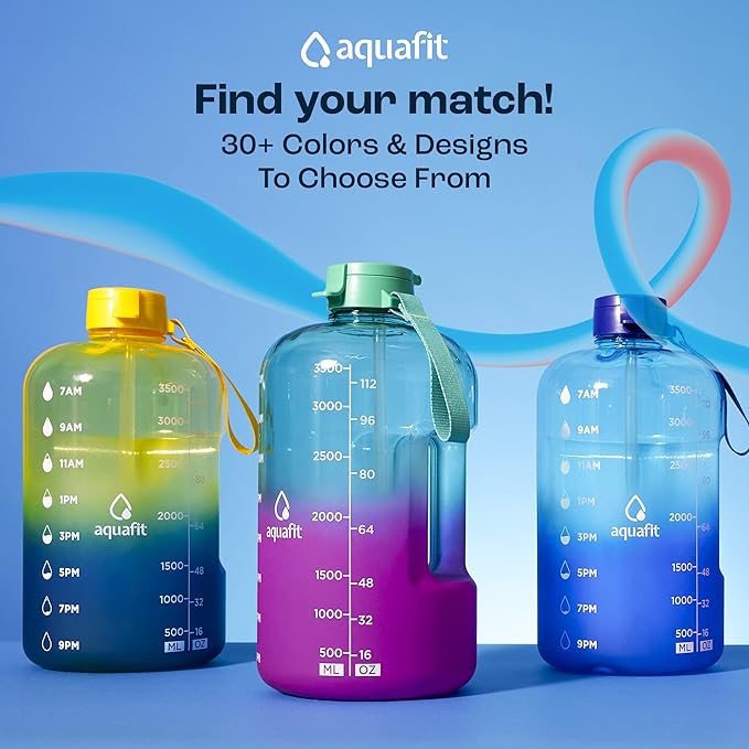 AQUAFIT Half Gallon Water Bottle with Time Marker - Straw & Chug Lid - BPA Free Gym Water Bottle with Straw - Big Gallon Jug (Blue Skies, 64 oz - 2 Lids)