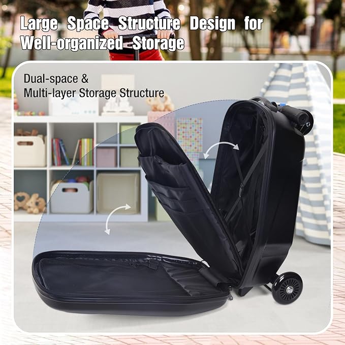 2-in-1 Ride-On Scooter Suitcase for Kids & Adults, 20” Foldable Hardshell Carry-On Luggage for Travel, Lightweight Kids Scooter Bag with Wheels