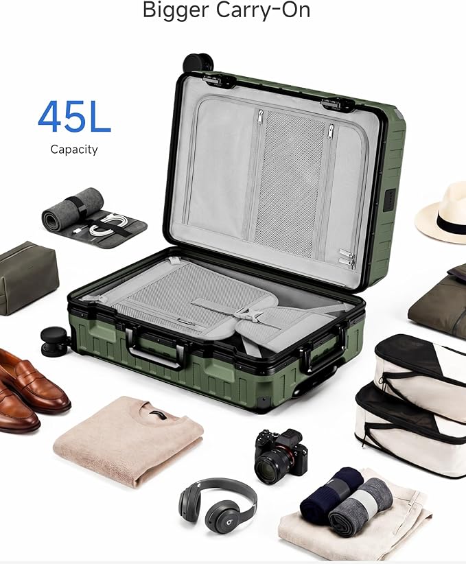 LUGGEX Carry On Luggage with Spinner Wheels, 8010S Aluminum Frame Zipperless Polycarbonate Hard Shell Suitcase (ZX-Core, Green, 21 Inch)