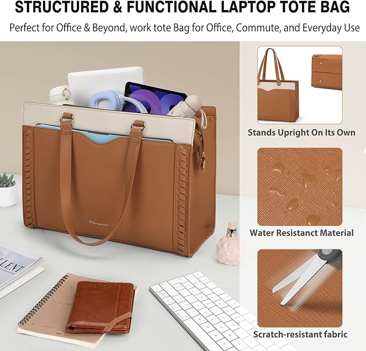 RAINSMORE Laptop Bag for Women 15.6 Inch Work Tote Bag with Detachable Strap & Bow Professional Laptop Tote with Cup Holder