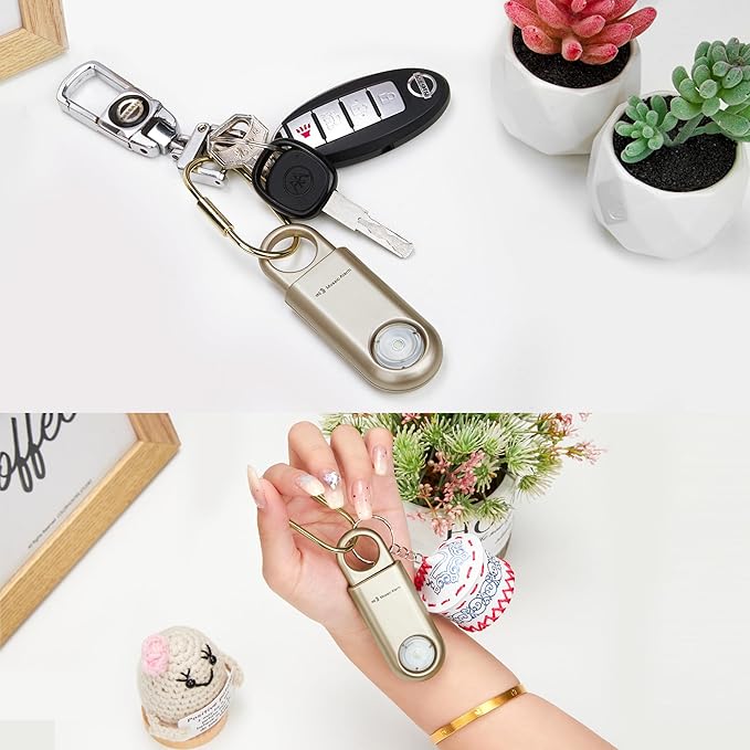 130dB Personal Safety Alarm Ultra Bright Strobe Light. Loud Sound Keychain Siren for Women, School Children, Night Runners, Hiking. Bear Alarm Deterrent. SOS Emergency Self Defense Alerts. Gold