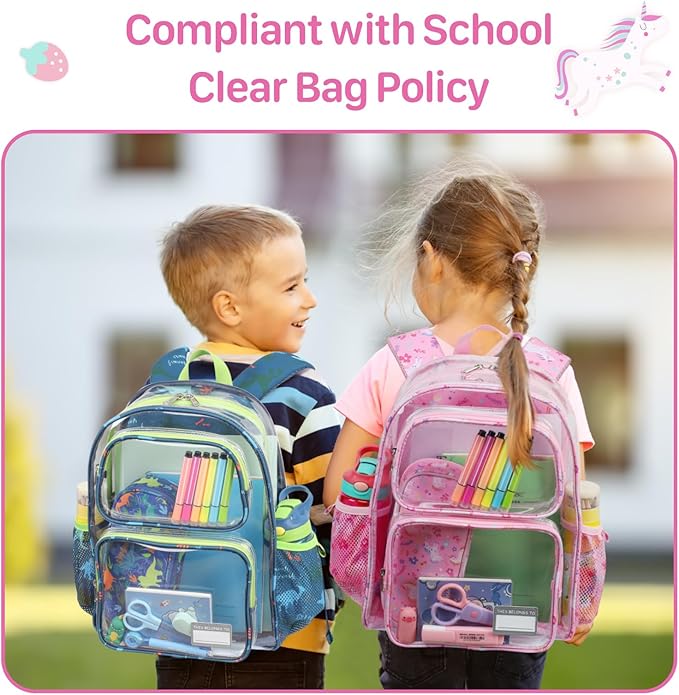 Bagseri Clear Backpack for Girls - 15 Inch Heavy Duty Kids Clear Bookbag for Kindergarten to Grade 2, Transparent School Bag with Reflective Strip, Fits Folders, Pink Unicorn