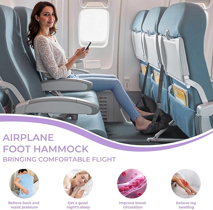 Babenest Airplane Foot Hammock, Foldable Leg Rest Support with Adjustable Strap and Thicken Bottom, Portable Under Desk Flight Footrest Holder for Air Travel, Office & Car