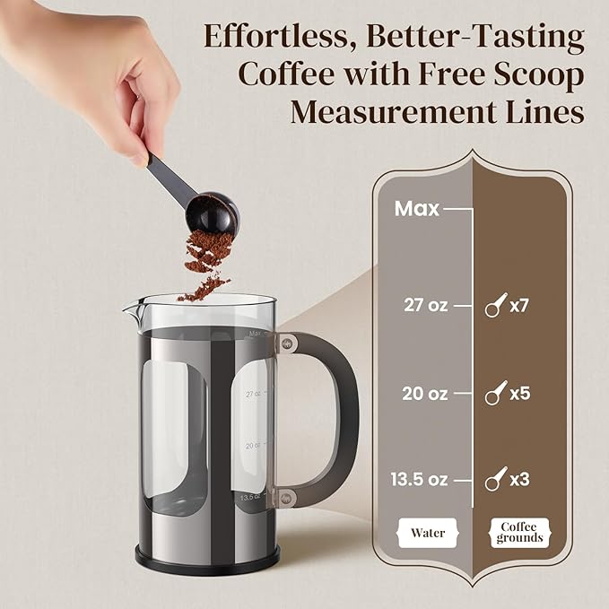 Veken French Press Coffee Maker 34oz, No Plastic Touching Cafe,Thickened Glass Stainless Steel Brewer, Cold Brew Cafetera Tea pot for Kitchen Travel Camping, Gifts, Decor, Bar Accessories, Dark Pewter