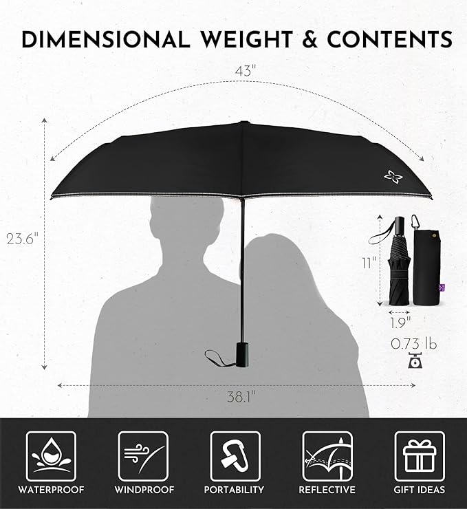 Windproof Travel Umbrella - Manual Open Close with No Rebound for Seniors & Kids, 43" Compact and Portable for Rain, Thoughtful Gift for Wife Husband Child