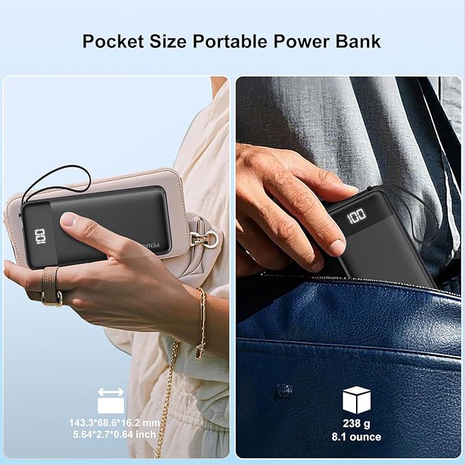 Portable Charger Built-in Cables,10000mAh Power Bank for iPhone,Fast Charge USB C Battery Pack Travel Essentials Slim Lightweight Powerbank Compatible with iPhone 17/16/15/14, Samsung, Android, etc