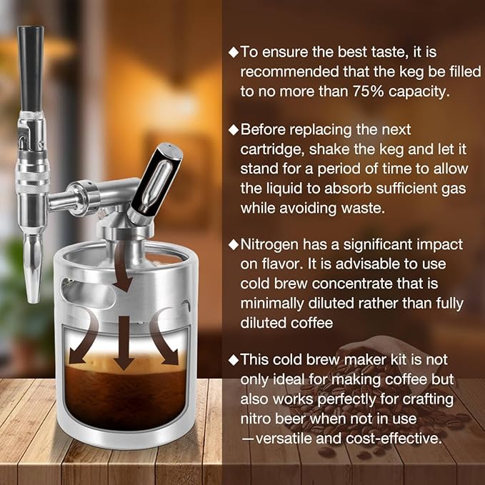 Nitro Cold Brew Coffee Maker, 64oz SS Mini Keg Cold Brew Maker, Nitro Coffee Machine System with Pressure Relief Valve & Stout Creamer Faucet Nitro Keg Coffee Growler Gift for Coffee Lovers