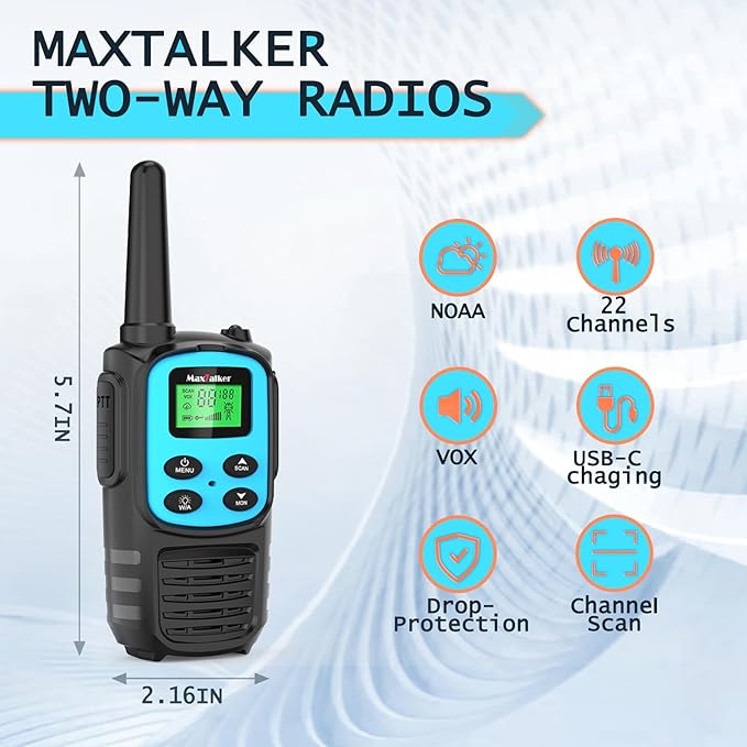 MaxTalker Walkie Talkies Long Range for Adult, MT10 Rechargeable Walkie Talkies FRS Two Way Radio, NOAA, 1200mAh Li-ion Battery USB-C Cable, LED Flashlight,VOX Walkie Talkie for Camping 2Pack (Blue)