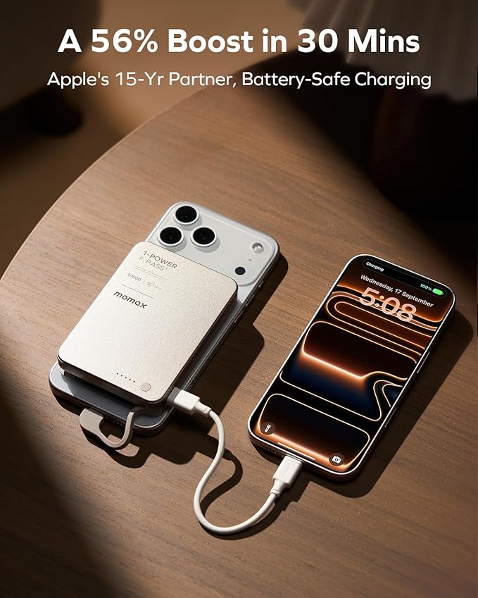 MOMAX Ultra-Slim 10000mAh Portable Power Bank with Built-in USB-C Cable, PD 30W Fast Charging Battery Pack for iPhone 17/16/15, iPhone air, Galaxy, Pixel (No Wireless,No Lightning)