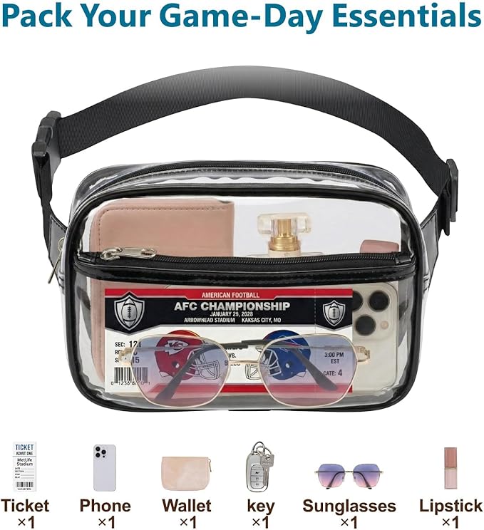 Veckle Clear Fanny Pack Stadium Approved - Plus Size 35-51 Inch Adjustable Strap Transparent Belt Bag for Women Men Fits 7.5" Smartphone, Crossbody Clear Bag for Stadium Events Sports Concerts, Black