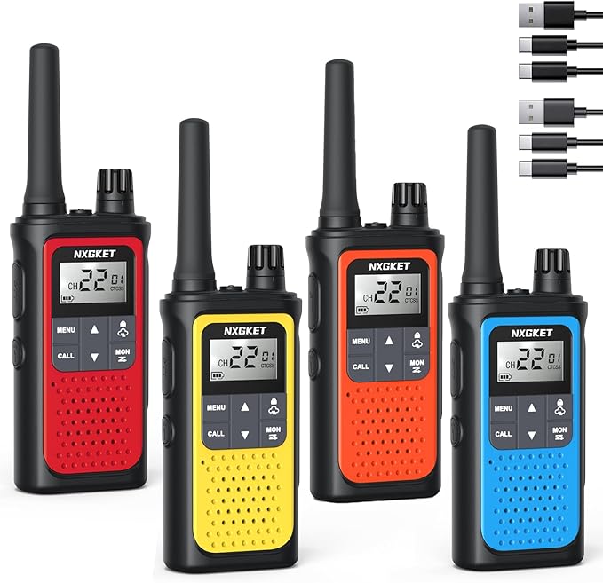 NXGKET Walkie Talkies for Adults Long Rang NOAA Weather Alerts, Rechargeable Walkie Talkies 2 Way Radio 22 FRS Channel with 1800mAh Li-ion Battery USB-C Cable Outdoor Cruises Camping, 4 Pack