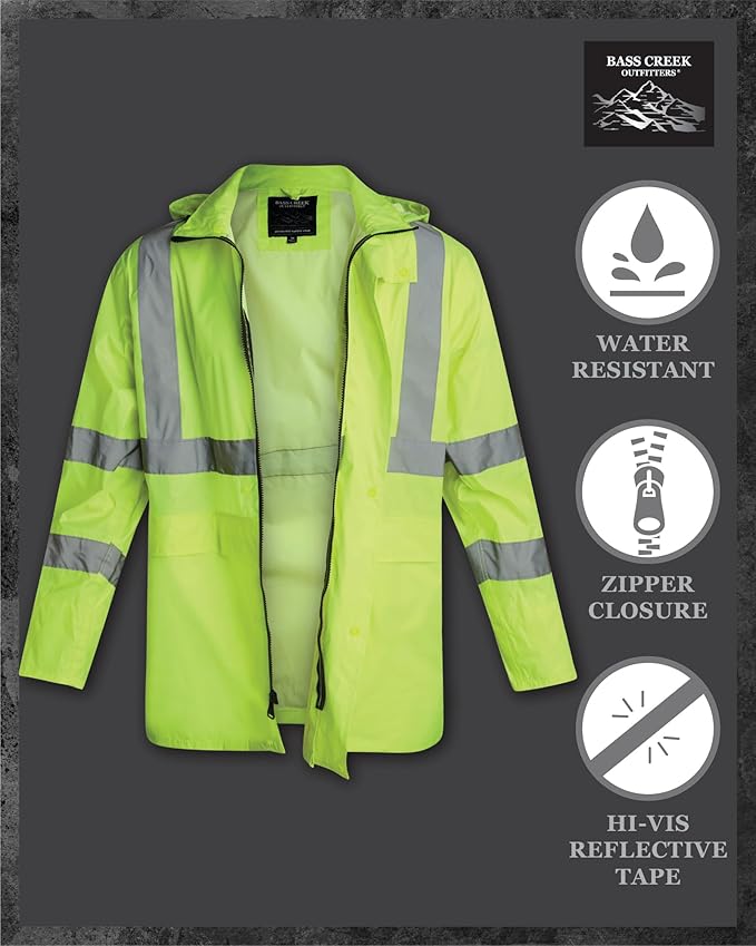 Bass Creek Outfitters Mens Rain Jacket - Waterproof Hooded High Visibility Safety Coat with Reflective Strips