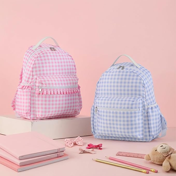 DYSHAYEN Gingham Kids Backpack,15 Inch School Backpack for Girls Boys,Kindergarten Large Bookbag Age 5-8 for Birthday Gifts School Overnight (Pink)