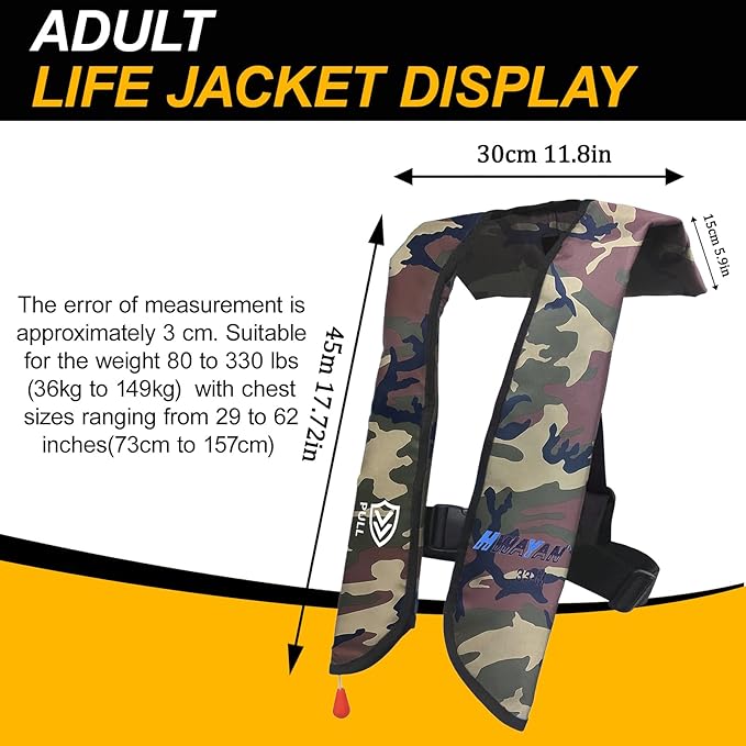 Manual Inflatable Life Jacket| Inflatable PFD Vest Adult| Life Vest for Adults| Outdoor Water Sports| Supports up to 330 lbs|33g of Carbon Dioxide Cylinder