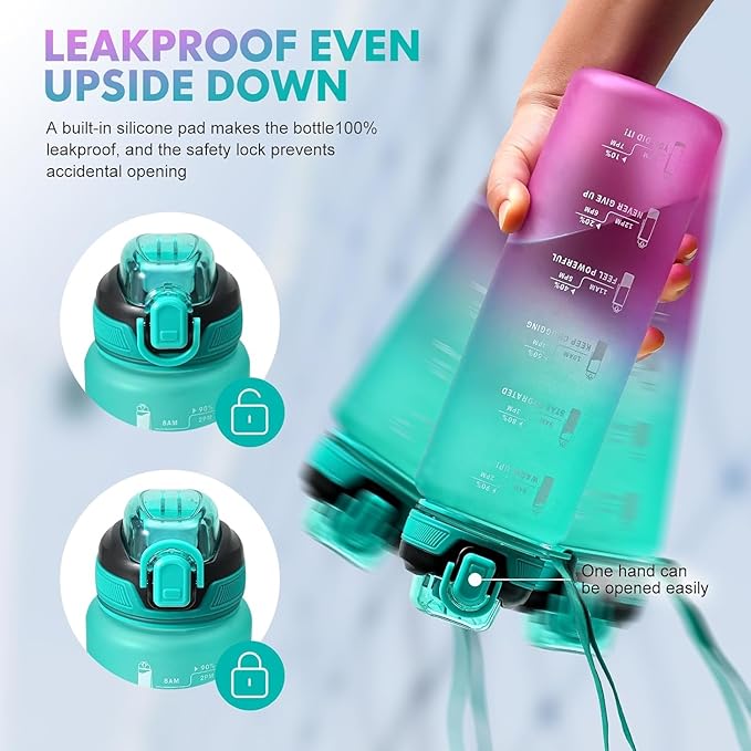 Water Bottle with Straw 1L,Boys Water Bottles with Straw 1 Litre,Waterbottle Leak-Proof Sports Water Bottle,Plastic Drinks Bottles Toxin Free，Bpa-Free (Green Purple)