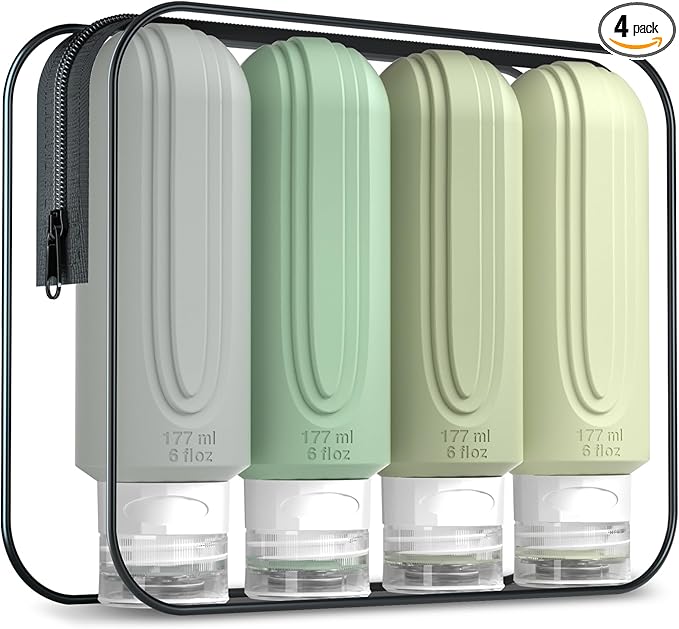 Mrsdry Travel Bottles for Toiletries, Large 6oz Oversize Containers, BPA Free Leak Proof Tubs Refillable Liquid Traveler Accessories with Toiletry Bag for Cometic Shampoo and Lotion Soap (4 Pack)
