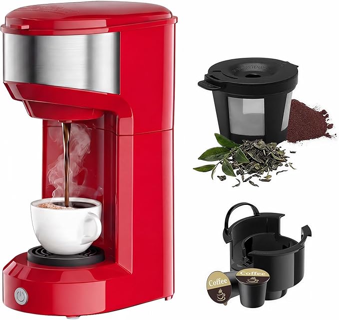 Single Serve Coffee Maker, 2 in 1 Brewer for K Pod & Ground Coffee, 90s Rapid Brew 6 to 14oz Capacities with Auto Shut Off, Small Compact Design for Home Office Travel Camping (Red)