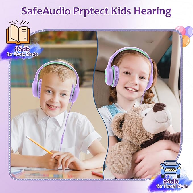 Voopwink Kids Headphones Wired with Microphone, USB Type C Headphones for Kids Girls Boys with Cord/LED Lights/85/94dB Volume Limit, Portable Over Ear Headphones for School/Travel/Tablet/iPad