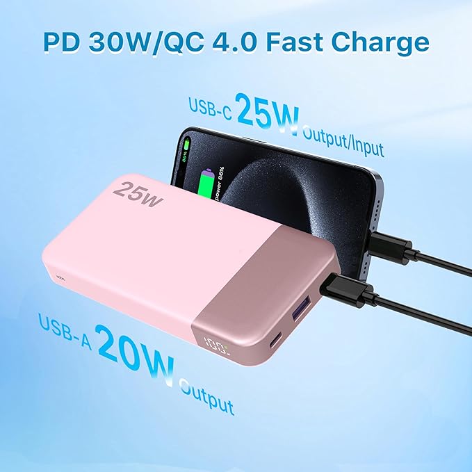 NOBIS Portable Charger, 10000mAh Power Bank Fast Charging, Battery Pack with C to C Cable, Battery Bank with Digital Display for iPhone iPad Android etc