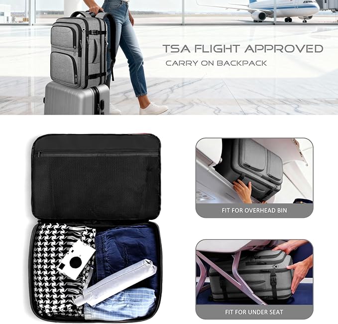 Travel Backpack for Men, Expanable Carry on Backpack, TSA 17.3 inch Laptop Bag Flight Approved, Lightweight Business Luggage Bag, Travel Gifts for Men Women, Grey