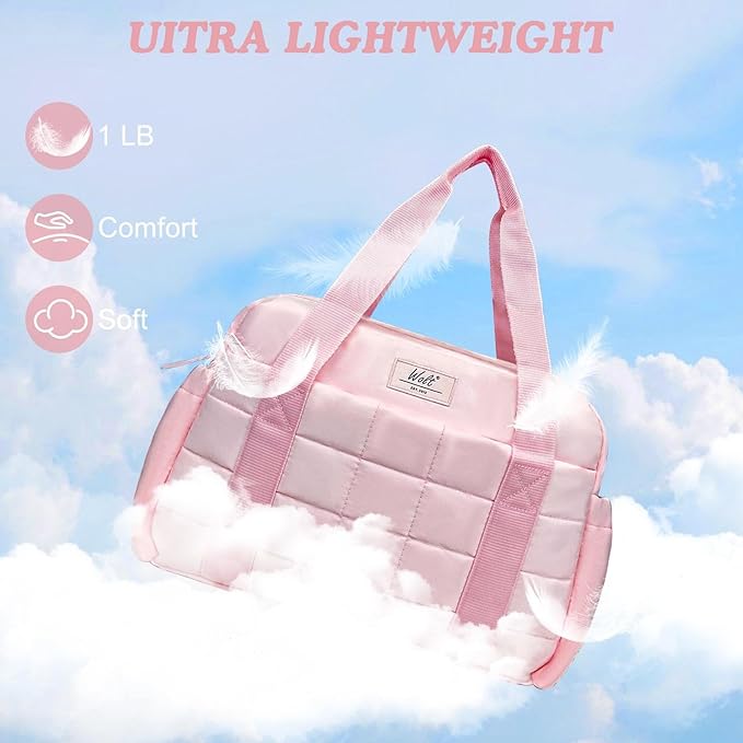 WOLT Small Gym Bag for Women, 14 inch Lightweight Gym Duffle Bag with Wet Compartment Quilted Tote for Sports Workout, Pink