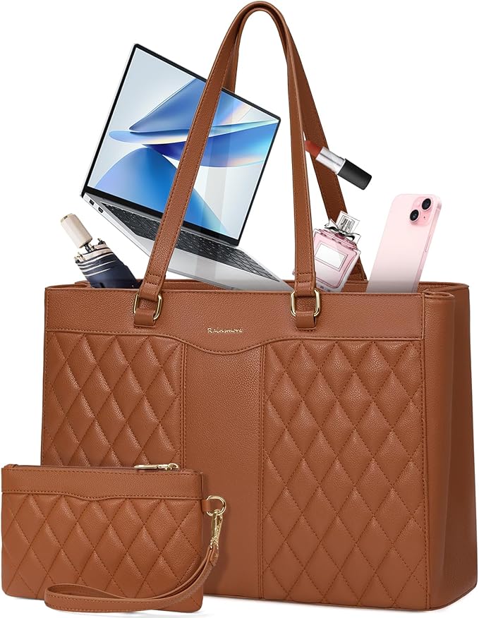 RAINSMORE Laptop Bag for Women 15.6 Inch Work Tote Bags Leather Laptop Tote Professional Laptop Purse Computer Handbag Womens Briefcase Tote with Clutch for Teacher Office Travel, Brown