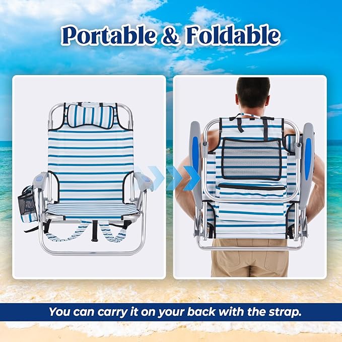 2 Pack Lightweight Portable Camping Beach Chair for Adults, Outdoor Lay Flat Folding Beach Chairs with 5 Positions, Backpack Beach Chair with Towel Bar, Zipper Pouch, Cup Holder, White Striped