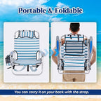 2 Pack Lightweight Portable Camping Beach Chair for Adults, Outdoor Lay Flat Folding Beach Chairs with 5 Positions, Backpack Beach Chair with Towel Bar, Zipper Pouch, Cup Holder, White Striped