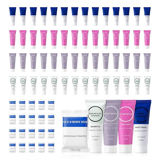 Toiletries Individually Wrapped Set Bulk, Travel Size 1 Fl oz Mini Body Wash Body Lotion Shampoo Conditioner 0.88 oz Bars Soap Toiletry Kit Guest Amenities for Hotel/Shelter/Homeless (Pack of 25)