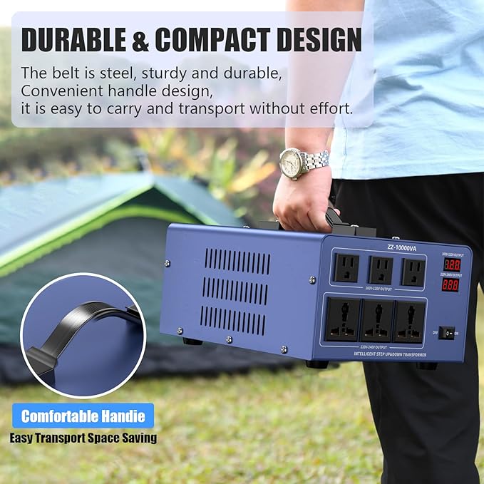 10000W Voltage Converter Transformer Step Up/Down 110V/120V to 220V/240V, Auto Voltage Recognition, Heavy Duty Power Converter with 6 Outlets, LCD Display & Circuit Breaker for Home, International Use